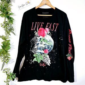 Mens Reason Clothing‎ Long Sleeve Skull Rose Live Fast Graphic Tee Black XXL